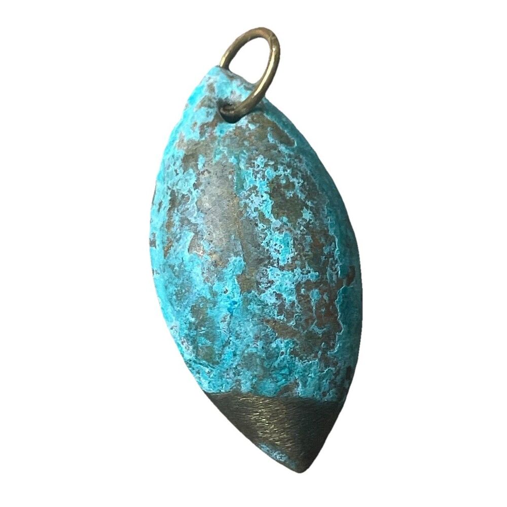 Vintage Verdigris Patina Copper Brass Pendant Turquoise Blue Marquise Leaf 1.25”